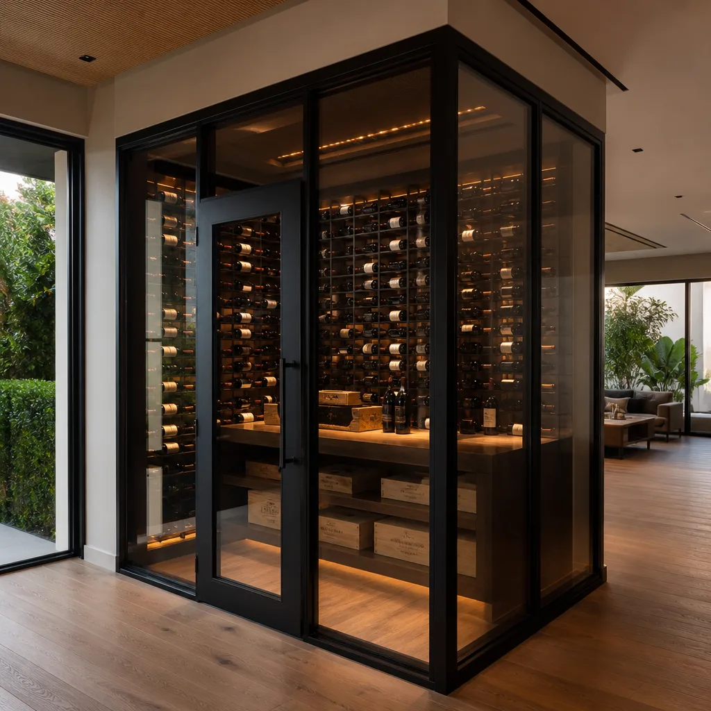 Custom glass wine cellar installation with modern black frame and wood shelving in Deerfield Beach, FL