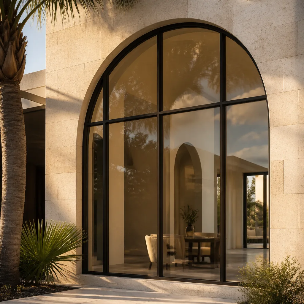 Modern arched floor-to-ceiling window with black metal frame in Deerfield Beach, FL