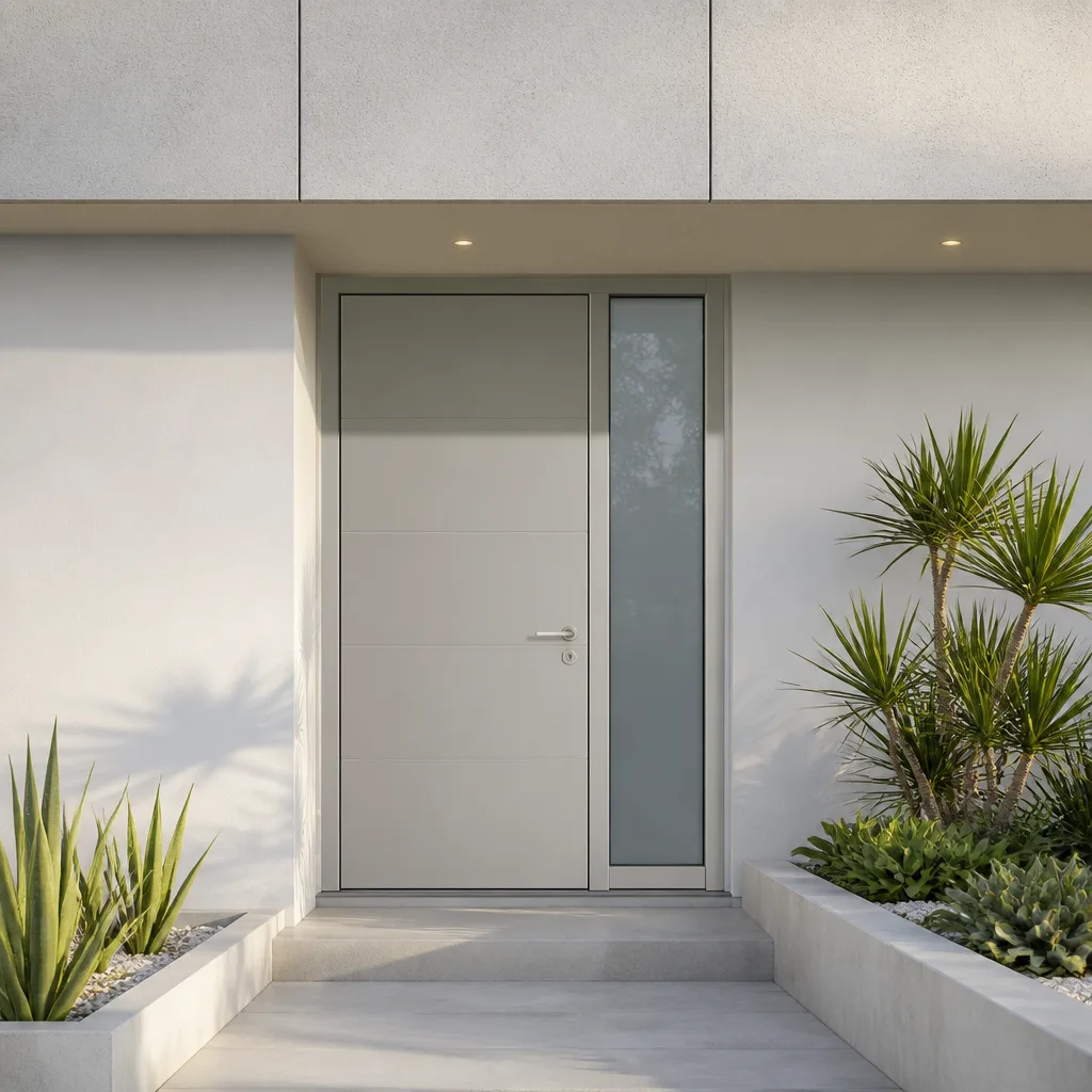 Modern gray front door installation with a side glass panel in Deerfield Beach, FL