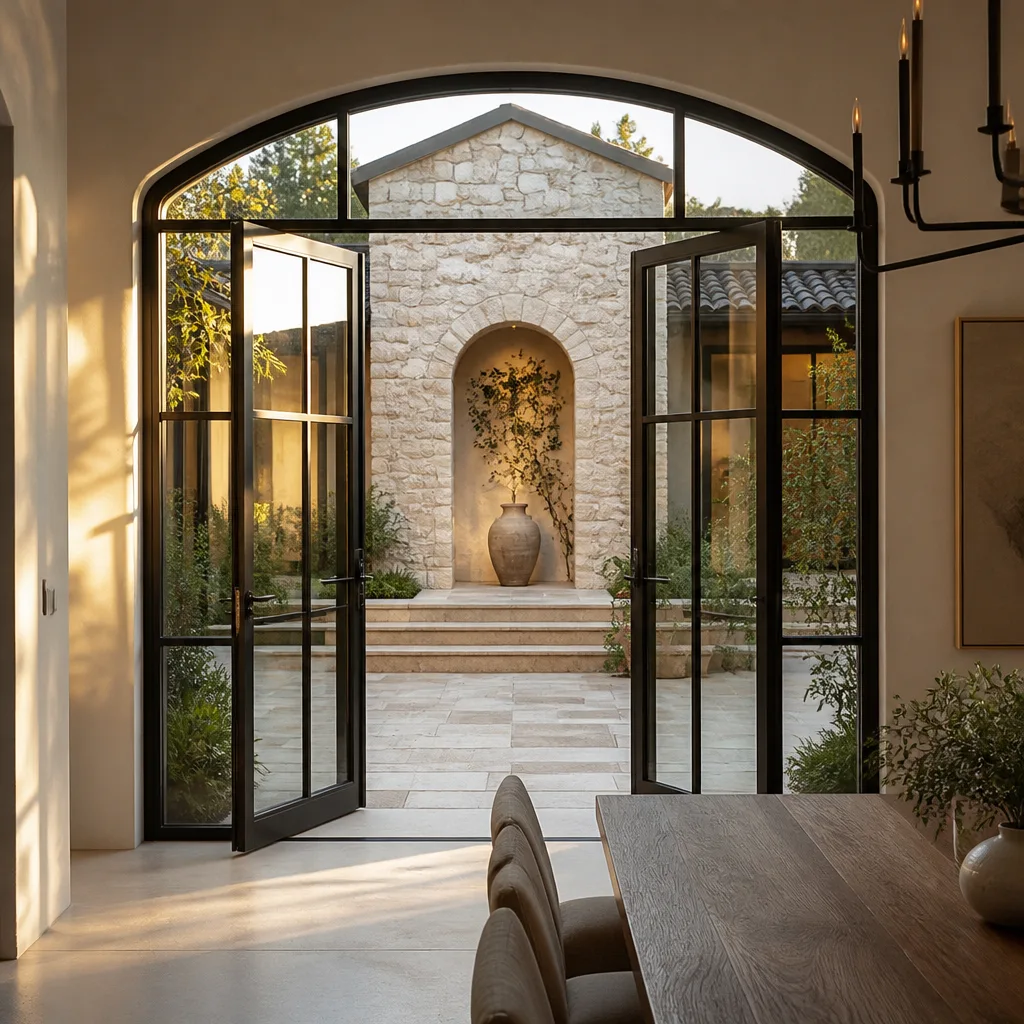 Custom black-framed arched glass patio doors opening to a stone courtyard in Deerfield Beach, FL