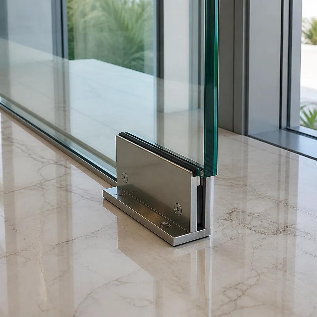 Stainless steel base mount securing a clear glass railing system in Deerfield Beach, FL