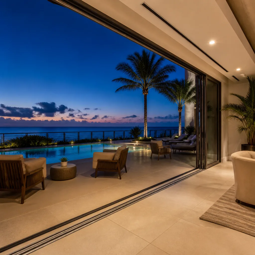 Modern luxury home with large seamless impact glass sliding patio doors in Deerfield Beach, FL