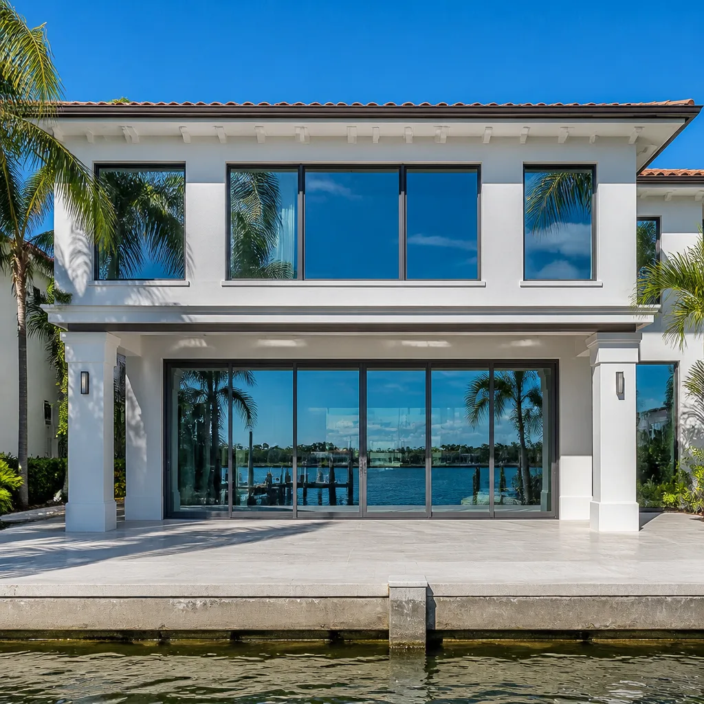 Modern waterfront luxury home with high-performance impact windows and sliding doors in Deerfield Beach, FL