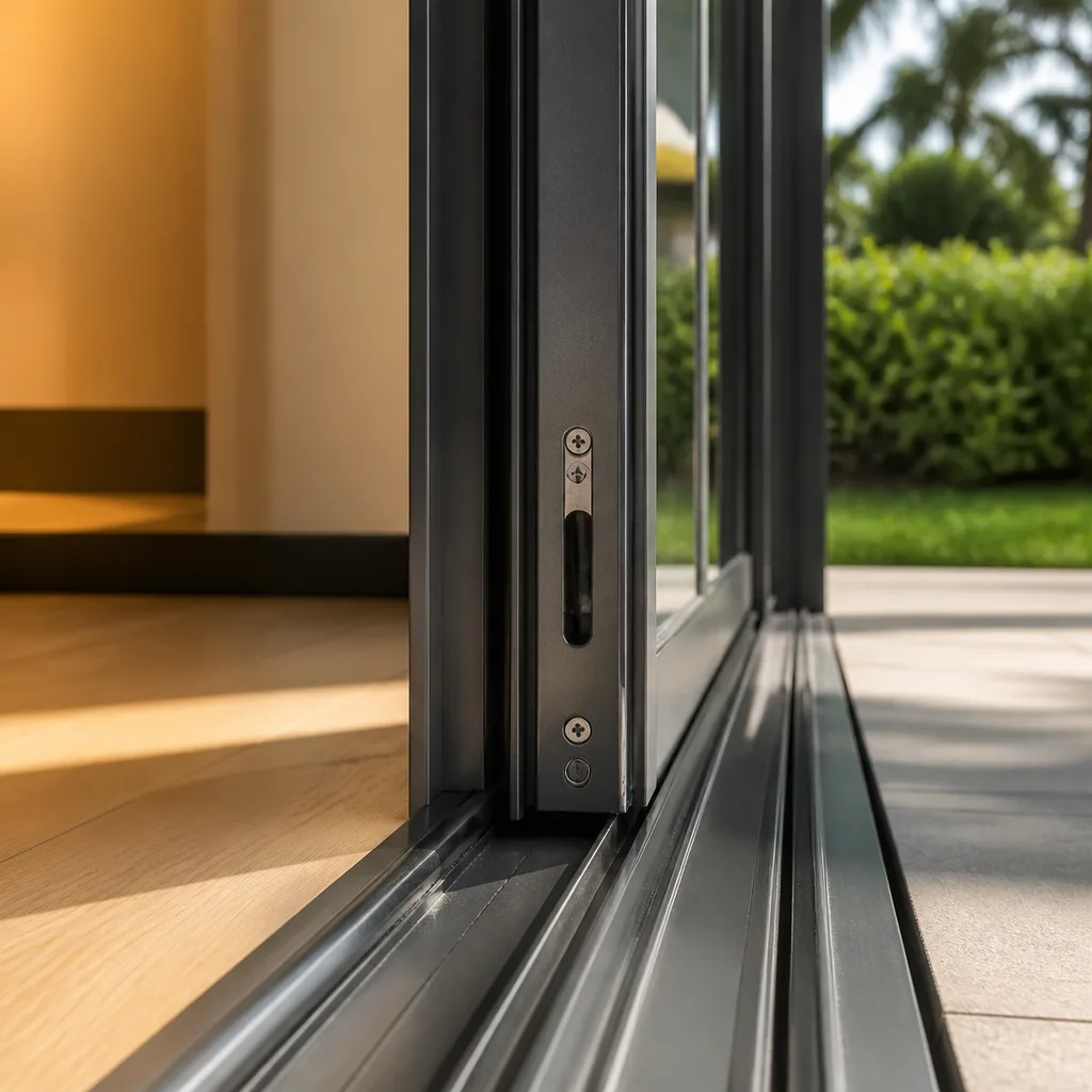 Close-up of a modern sliding patio door track and locking mechanism in Deerfield Beach, FL