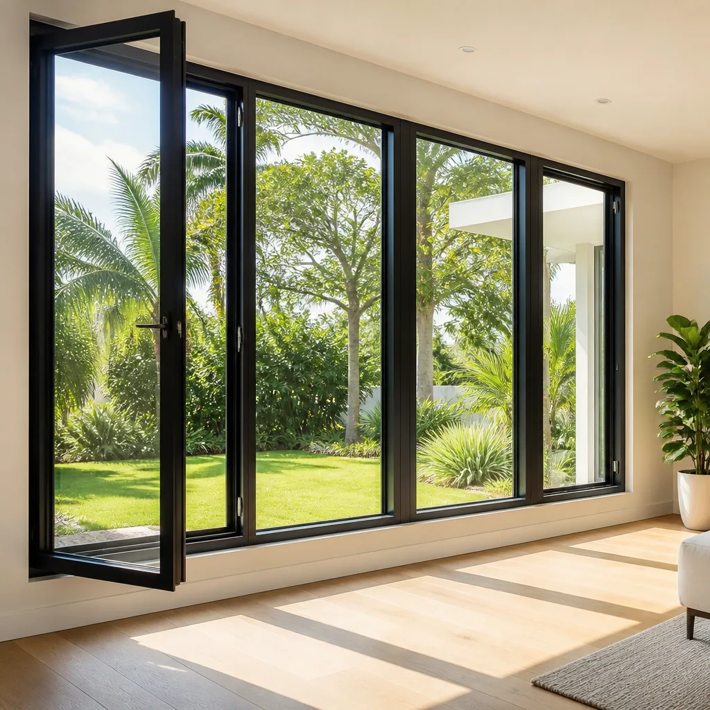 Modern black-framed casement window installation in a bright living room in Deerfield Beach, FL